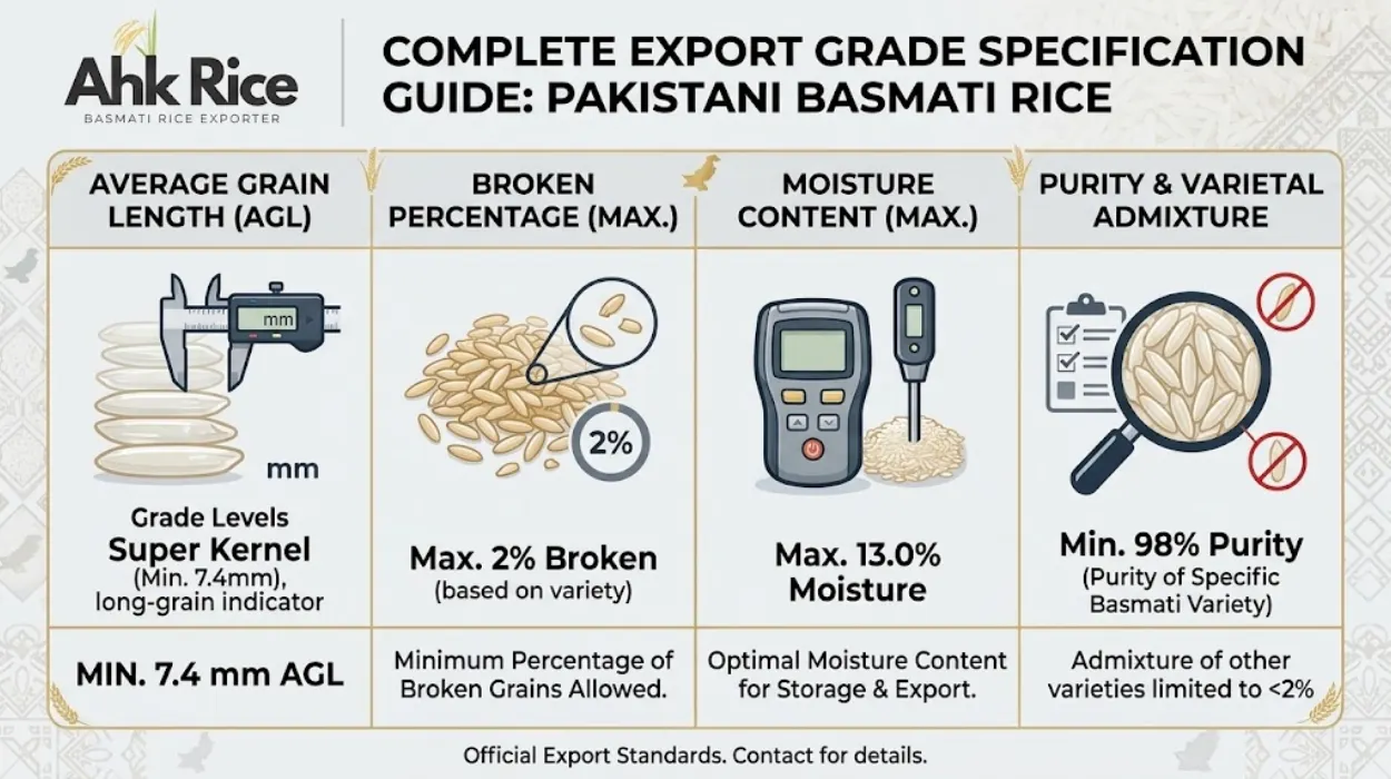 Complete Export Grade Specification Guide for Pakistani Basmati Rice AGL, Broken %, Moisture and Purity