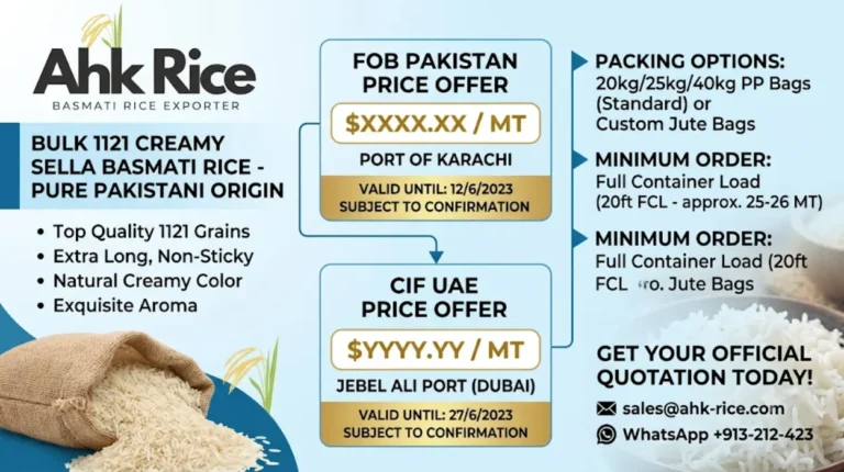 Get Bulk 1121 Creamy Sella Basmati Rice FOB Pakistan and CIF UAE Price Offers