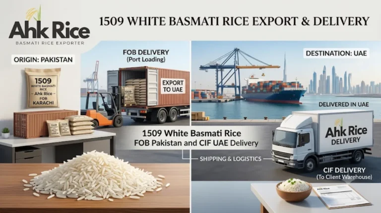 Get Direct Export Quotations for 1509 White Basmati Rice FOB Pakistan and CIF UAE Delivery