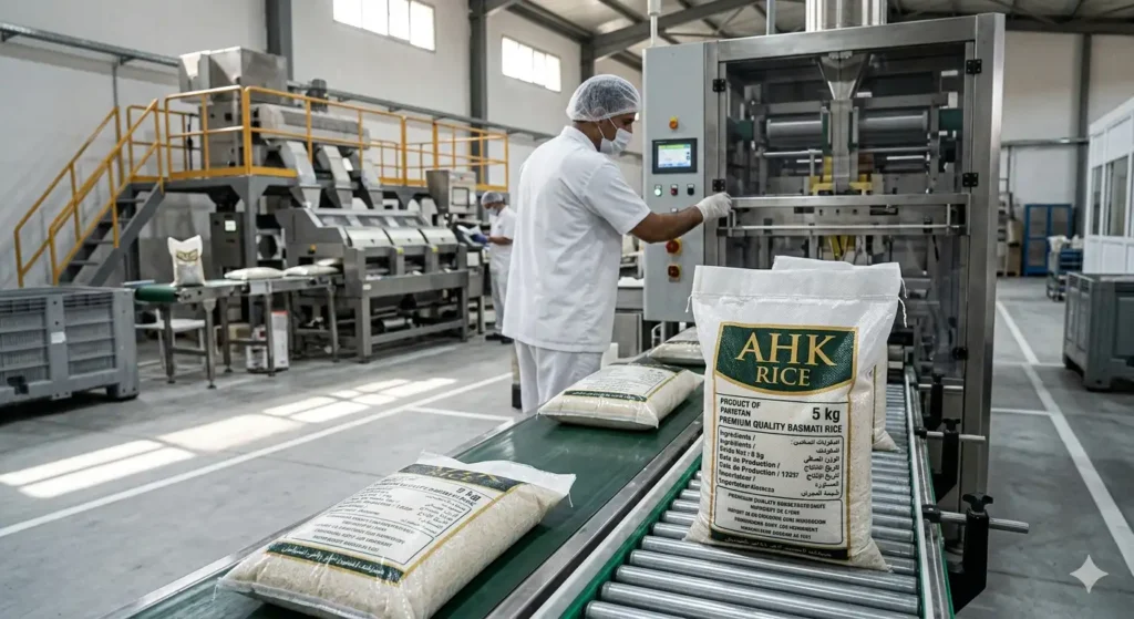 How are rice packaging and labeling processes implemented step by step?
