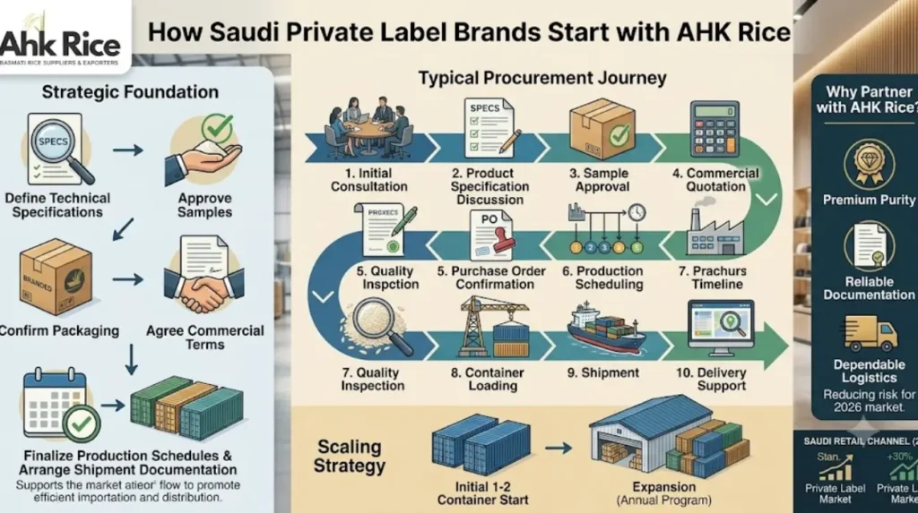 How can Saudi private label brands get started with AHK Rice?