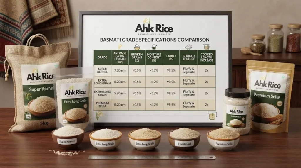 Basmati Rice Grade Specifications: Average Grain Length, Broken %, Moisture and Purity
