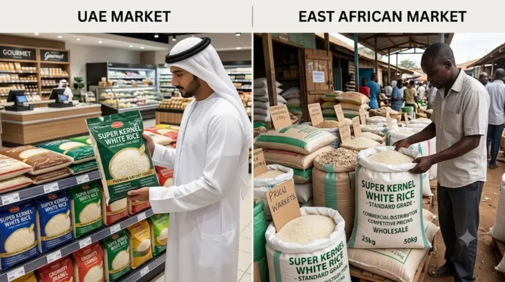 How do UAE and African markets compare when importing Super Kernel White Rice?