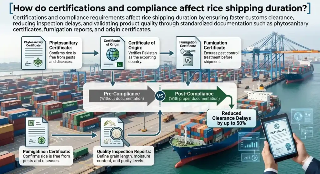 How do certifications and compliance affect rice shipping duration?