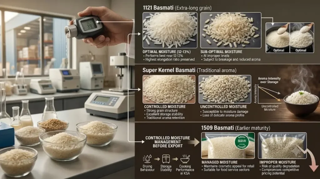 How do different Pakistan Basmati varieties respond to moisture management?