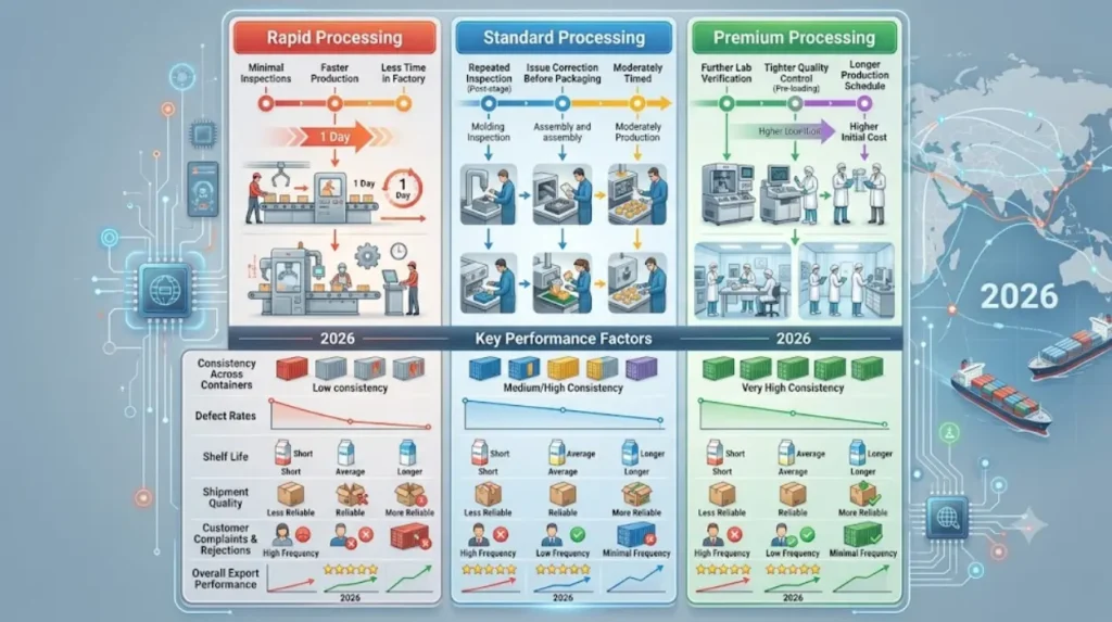 How do different processing approaches compare for export performance?
