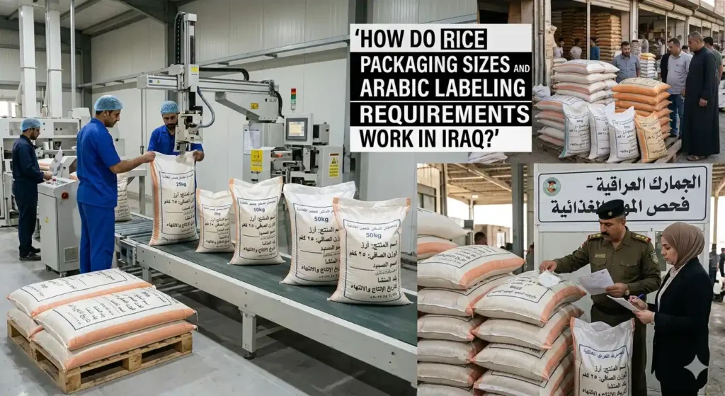 How do rice packaging sizes and Arabic labeling requirements work in Iraq