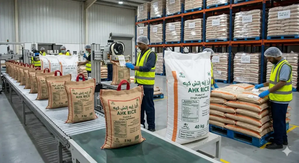 How do rice packaging sizes and SFDA labeling work together in Saudi Arabia?