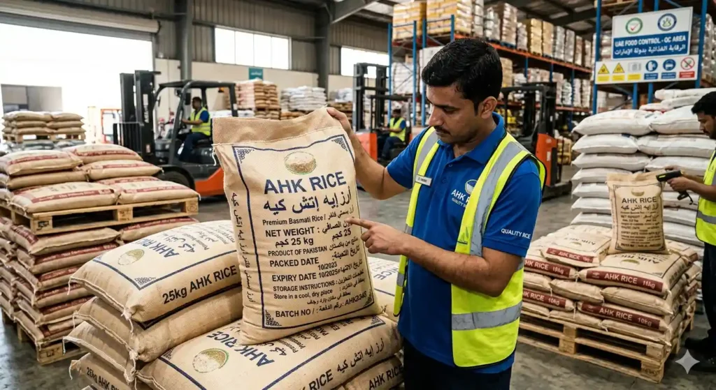 How do rice packaging sizes and UAE labeling systems work?