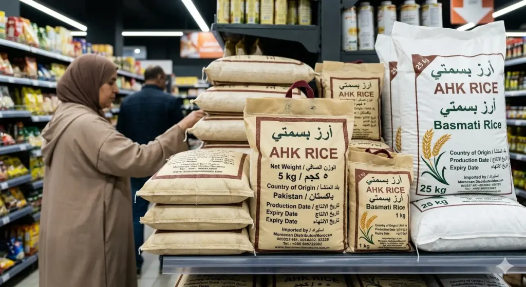How do rice packaging sizes and bilingual labels work in Morocco?