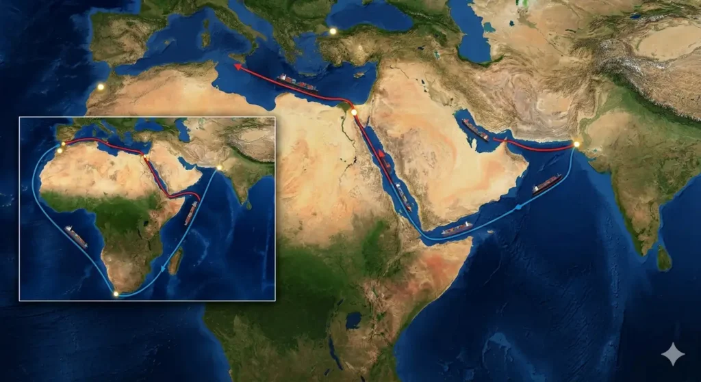 How do shipping routes and the Suez Canal affect transit time?