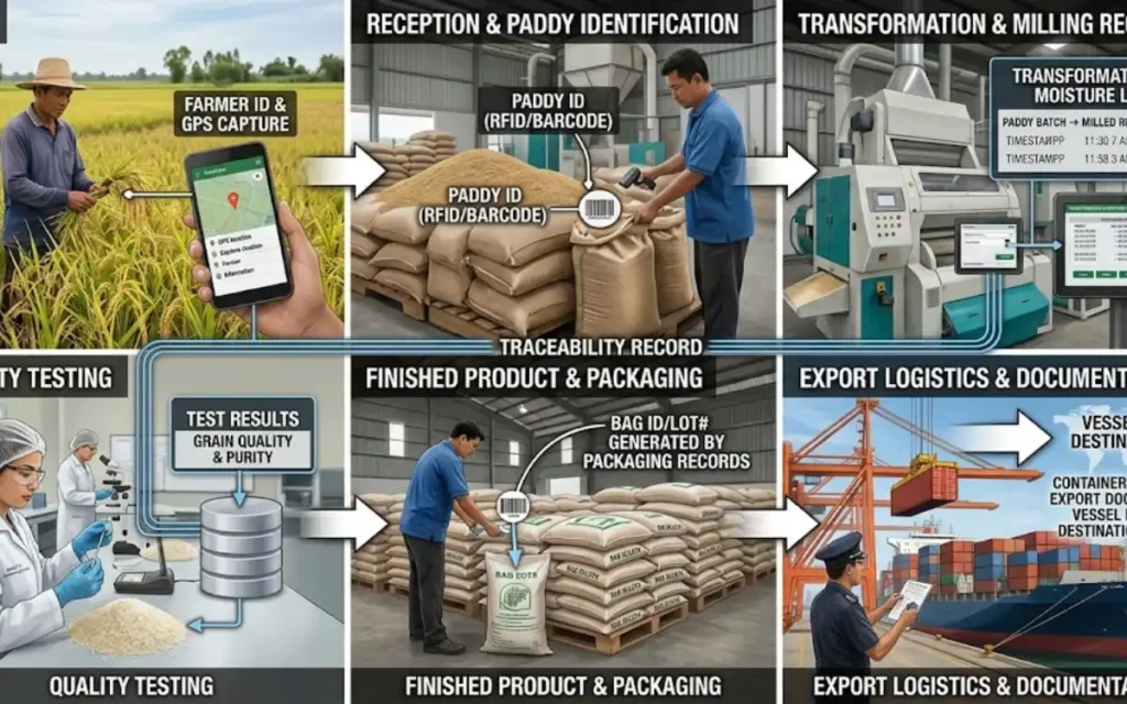 How does a rice exporter create a traceability record from farm to shipment?