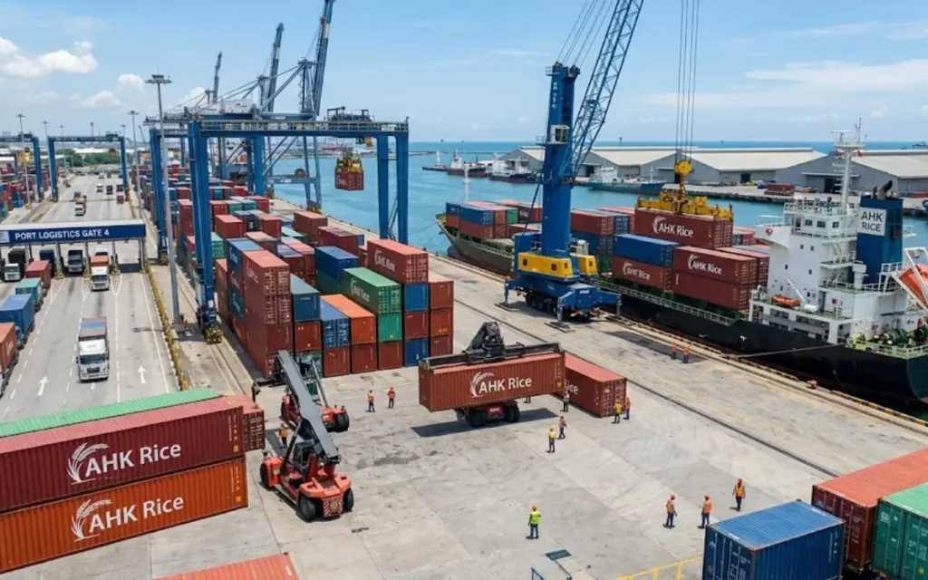 How does port logistics affect the rice import process?