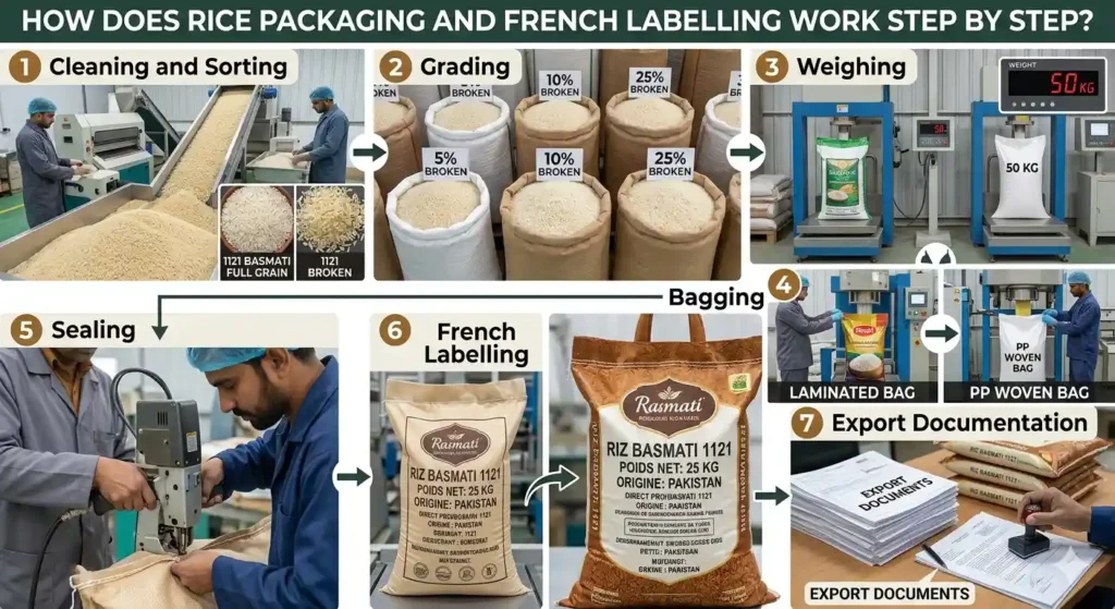 How does rice packaging and French labelling work step by step?