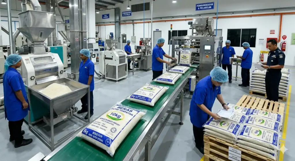 How does rice packaging and labeling system work in Malaysia?