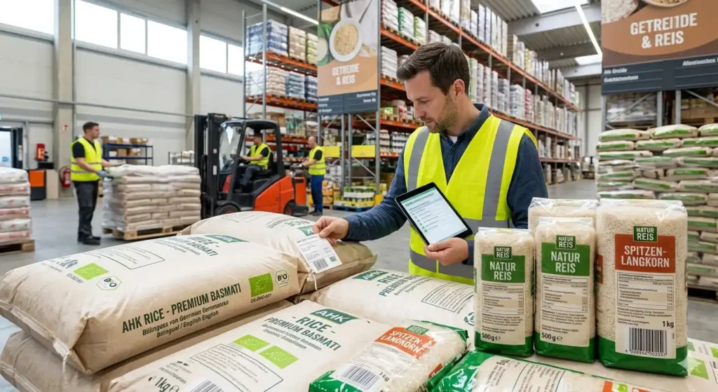 How does rice packaging compliance work in the German retail market?