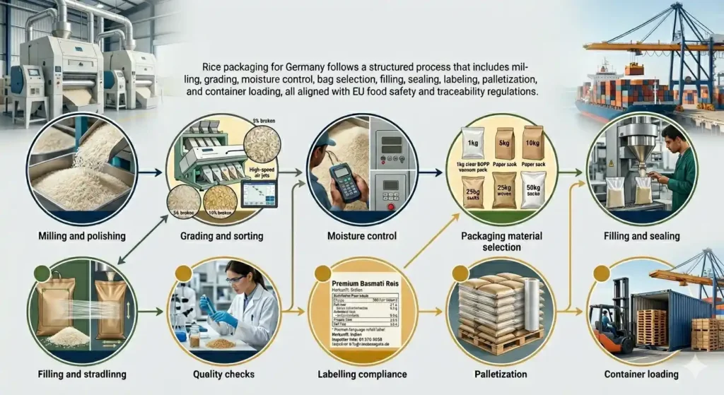 How does rice packaging for export to Germany work step by step?