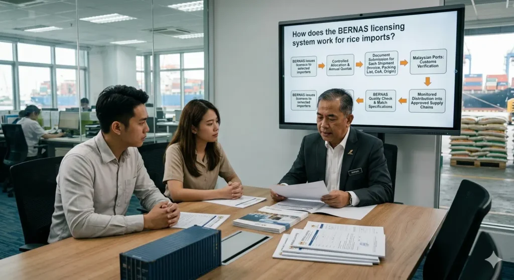 How does the BERNAS licensing system work for rice imports?