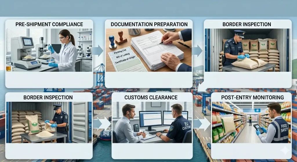 How does the EU rice import process ensure compliance step by step?