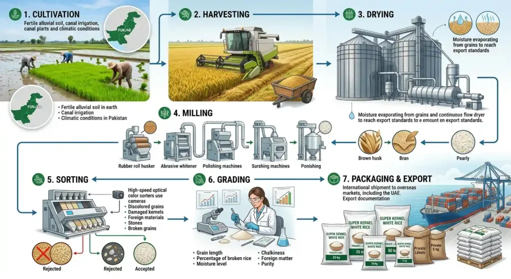 How is Super Kernel White Rice grown and processed before export