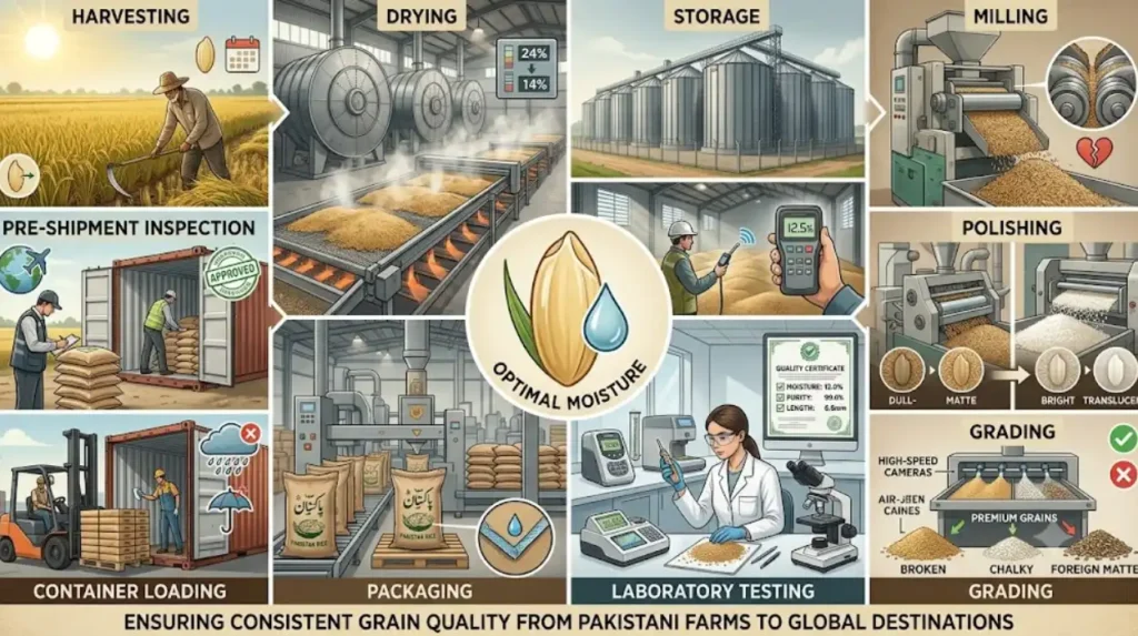 How is moisture controlled during Pakistan's rice processing?