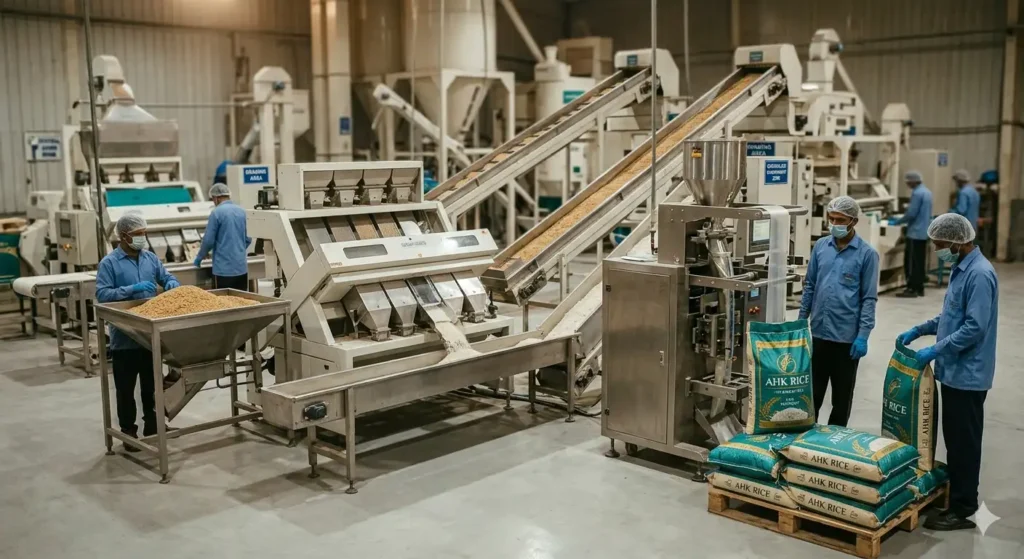 How is rice processed and prepared for export packaging?