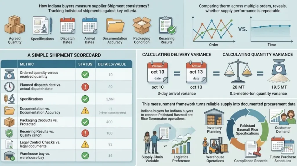 How should Indiana buyers measure supplier shipment consistency?