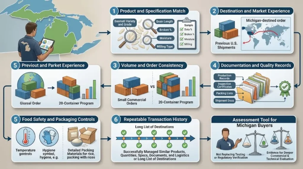 How should a Michigan buyer evaluate a supplier’s export history?