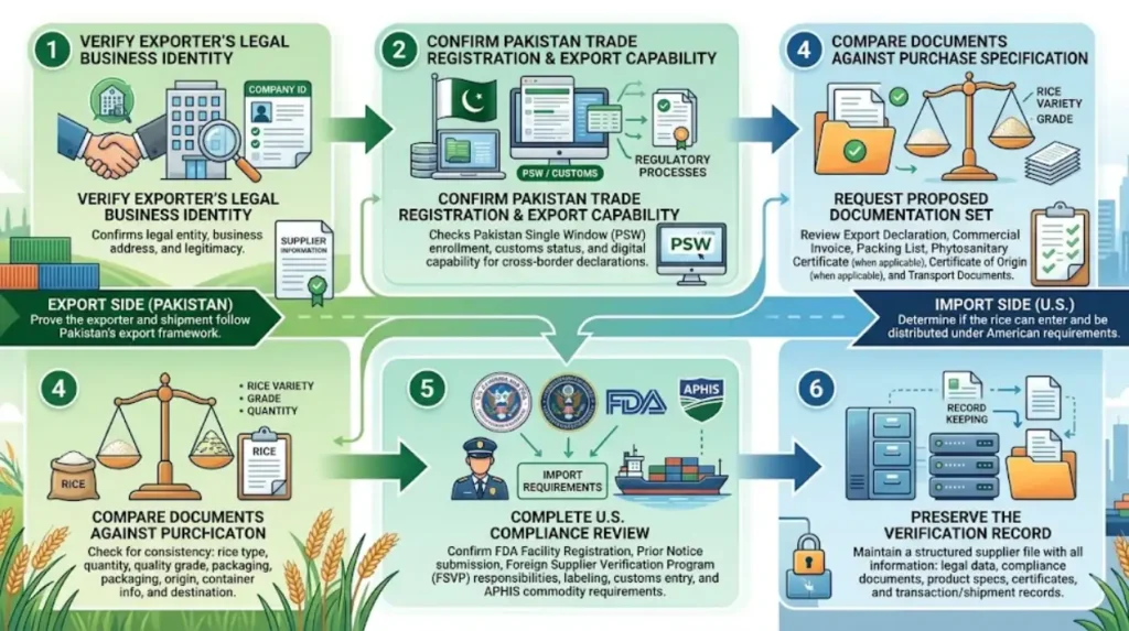 How should a Texas importer verify a Pakistani rice exporter?