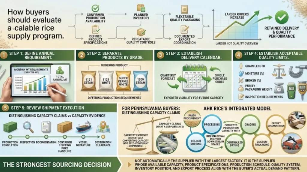 How should buyers evaluate a scalable rice supply program?