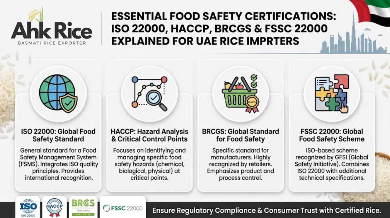 ISO 22000, HACCP, BRCGS and FSSC 22000 Explained for UAE Rice Importers