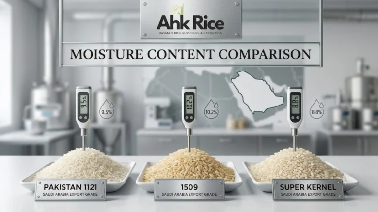 Moisture Content Comparison Across Pakistan 1121, 1509, and Super Kernel Rice for Saudi Arabia