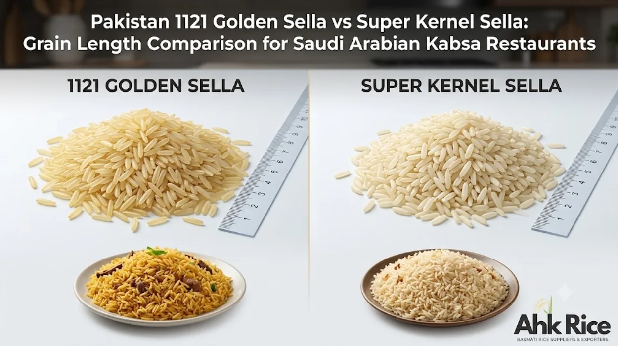 Pakistan 1121 Golden Sella vs Super Kernel Sella Grain Length Comparison for Saudi Arabian Kabsa Restaurants