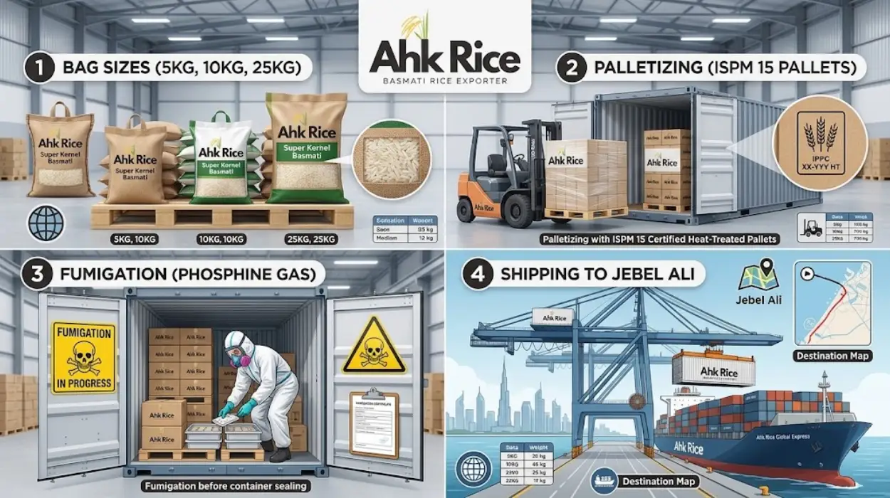 Rice Container Loading Bag Sizes, Palletizing and Fumigation Before Shipping to Jebel Ali