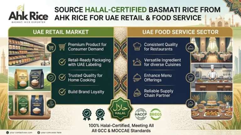 Source Halal-Certified Basmati Rice from AHK Rice for UAE Retail and Food Service