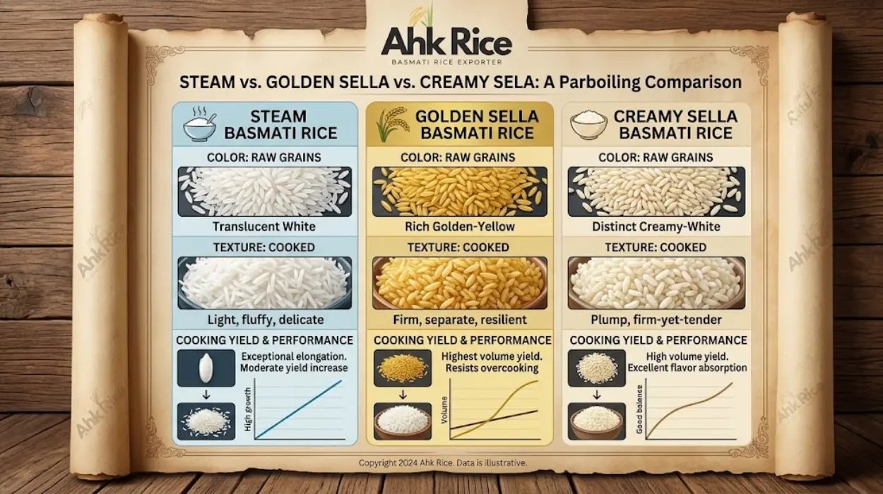 Steam vs Golden Sella vs Creamy Sella How Parboiling Changes Color, Texture and Cooking Yield