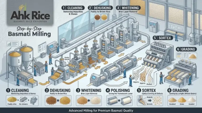 Step-by-Step Basmati Milling Cleaning, Dehusking, Whitening, Polishing, Sortex and Grading