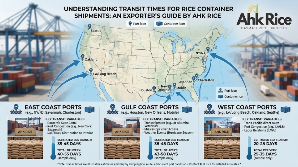 Transit Times to East Coast, Gulf Coast and West Coast Ports for Rice Containers