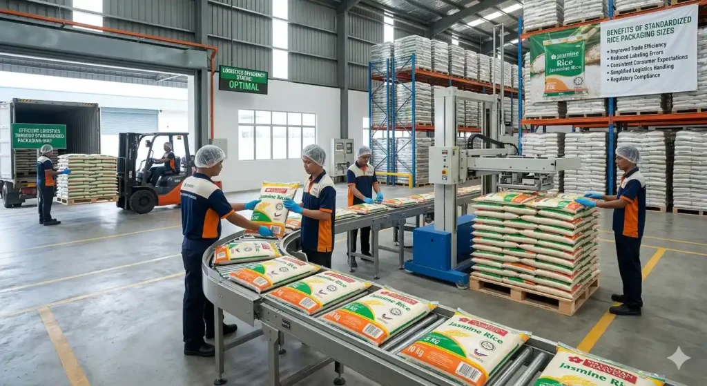 What are benefits of standardized rice packaging sizes?