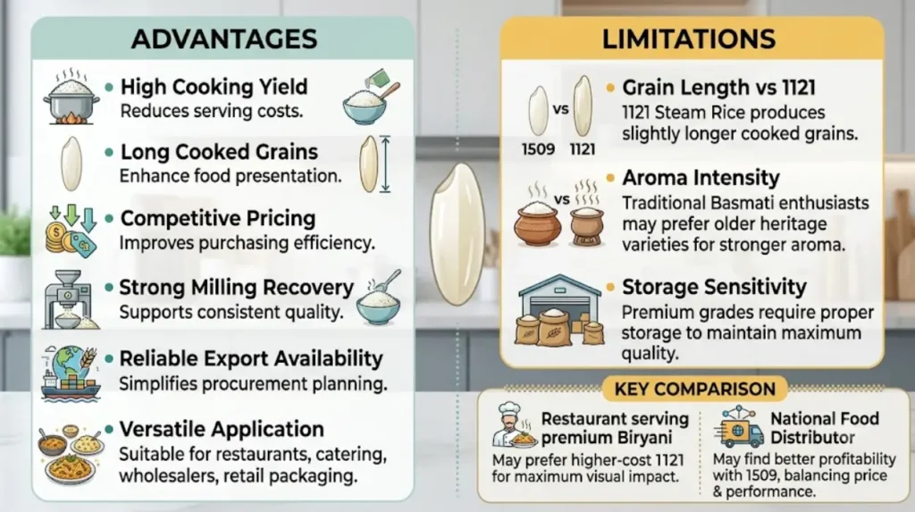 What are the advantages and disadvantages of 1509 Steam Rice?