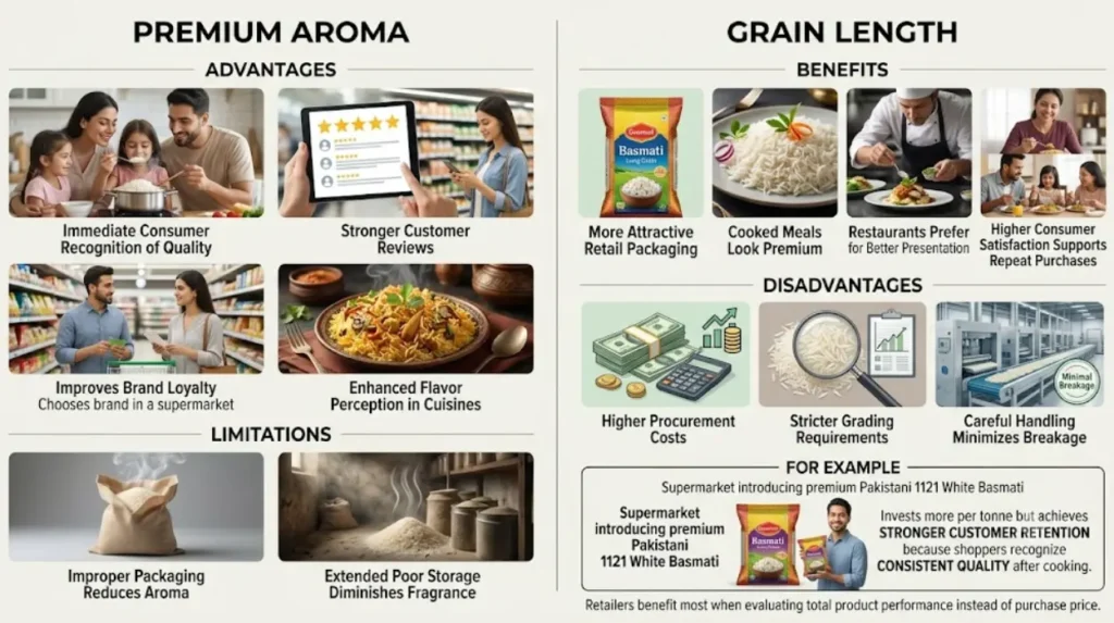 What are the advantages and disadvantages of prioritising aroma and grain length?