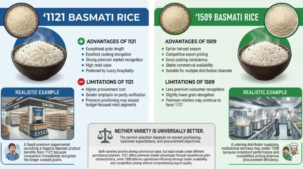 What are the advantages and limitations of 1121 and 1509 Basmati rice?