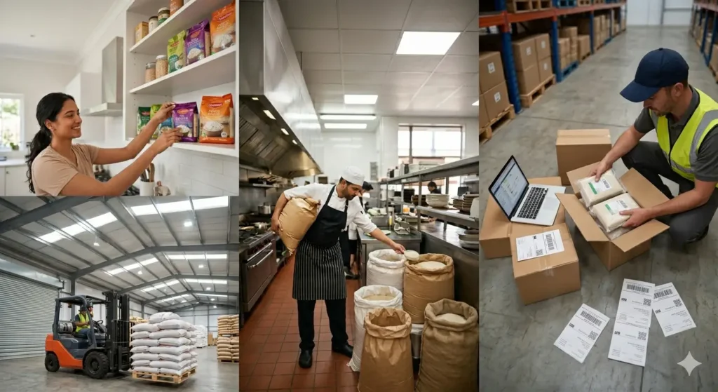 What are the main use cases for different rice packaging sizes?