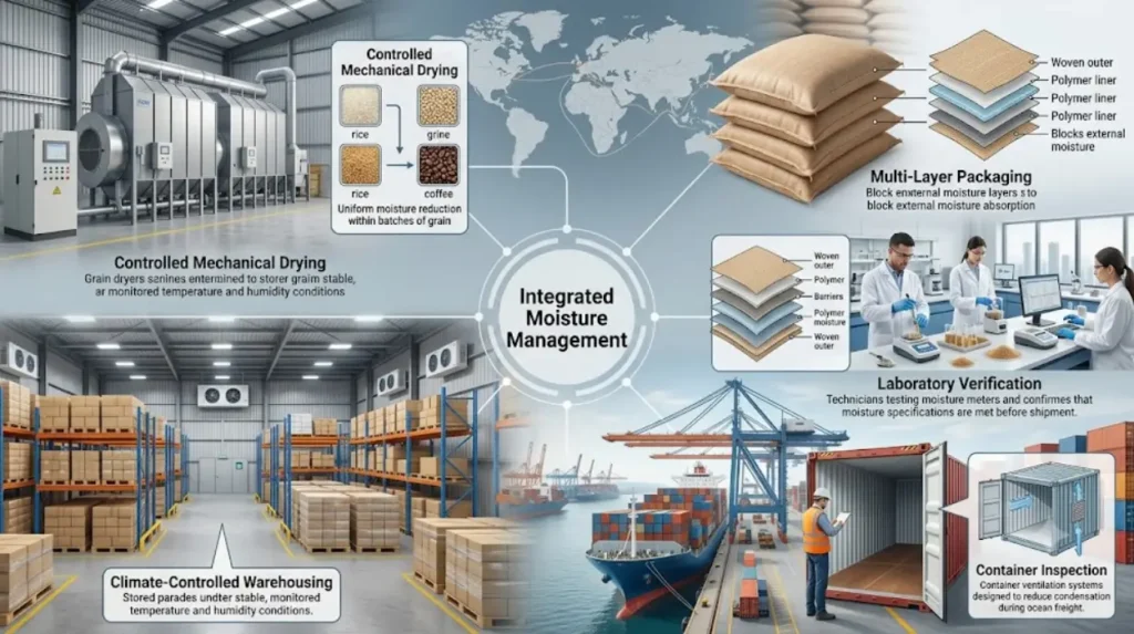 What available solutions help maintain ideal moisture during international trade?
