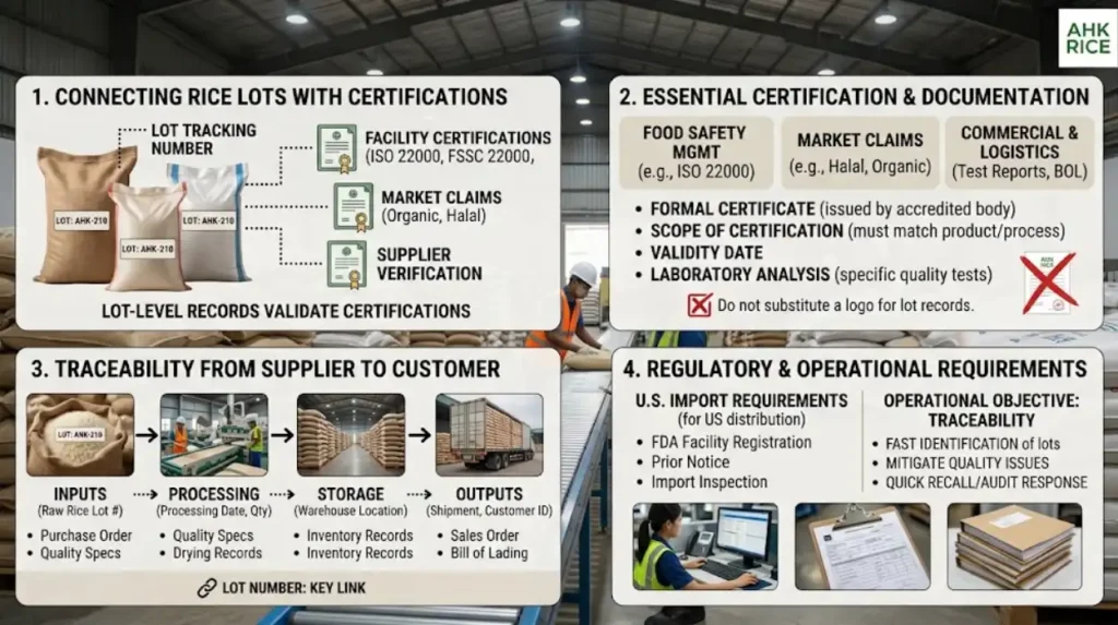 What certifications and records matter to rice inventory planning?