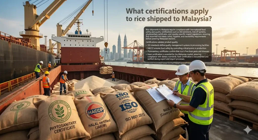 What certifications apply to rice shipped to Malaysia?