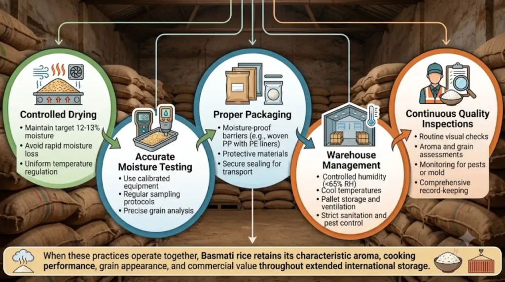 What is the best approach for maximizing Basmati rice storage life?