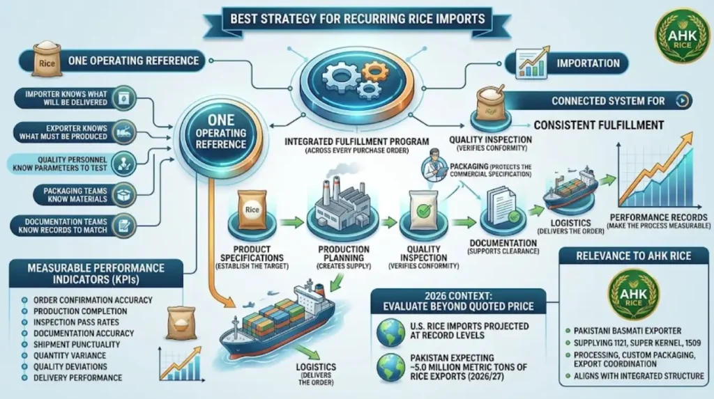 What is the best fulfillment strategy for a recurring rice import program?