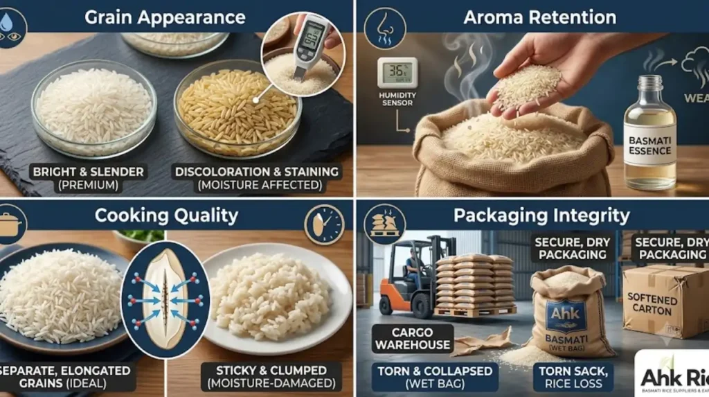 What parts of Pakistan Basmati rice are affected by moisture?