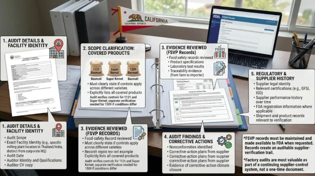 What should a California rice importer record after an audit?